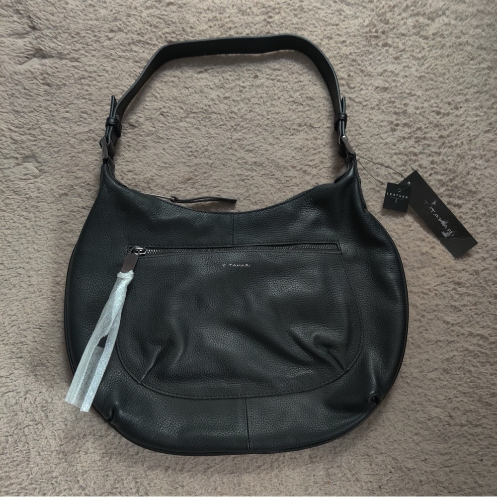 T Tahari Crawford Hobo Shoulder Bag Black Leather Pebbled Purse Pocketbook hand